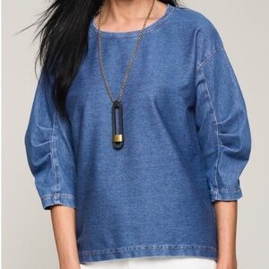 Lisa Bayne Blue Stretch Denim Puff Bowed 3/4 Sleeve Pullover Top Large XL